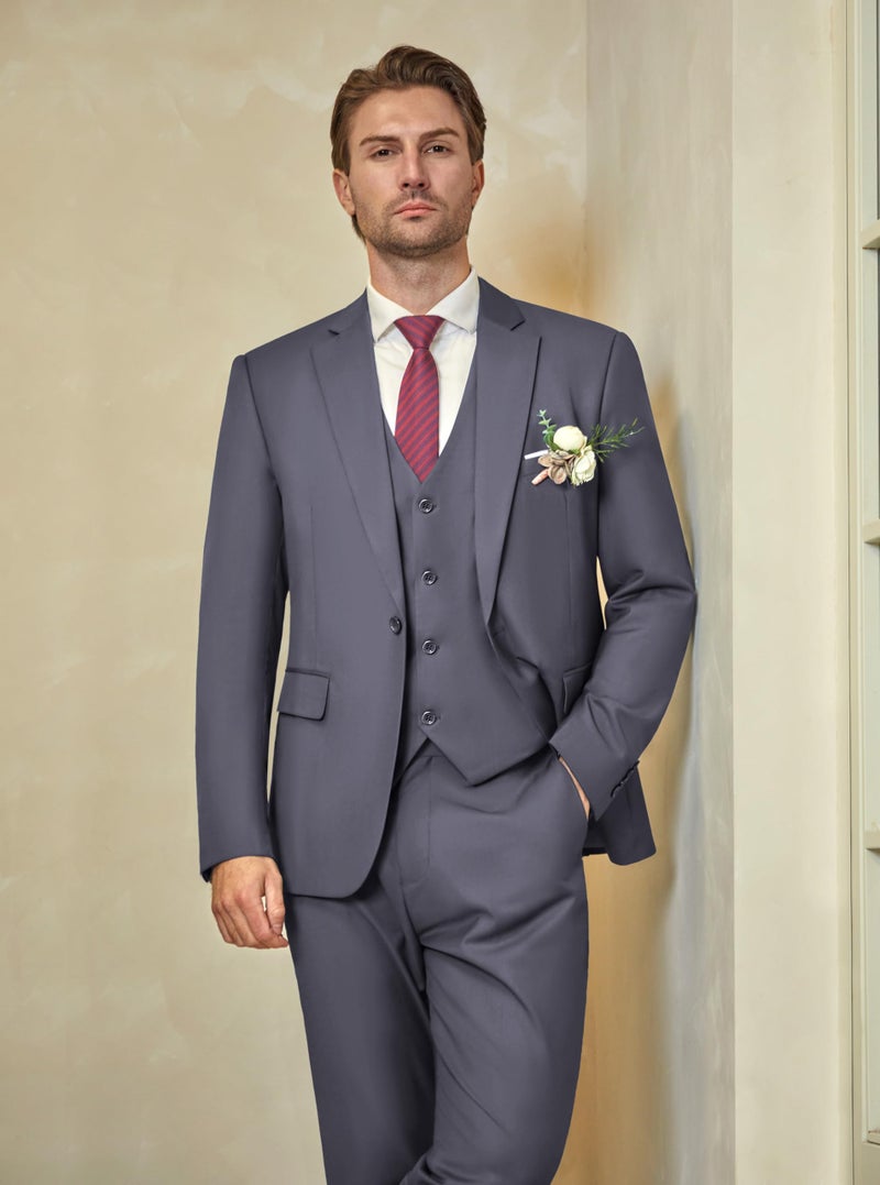 WULFUL Menâ€™s Slim Fit Suit One Button 3-Piece Blazer Dress Business Wedding Party Jacket Vest & Pant Dark Grey - Image 3